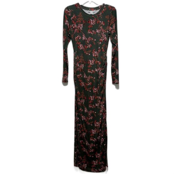 Motherhood Maternity Maxi Dress Green Red Floral Long Sleeve Stretch sz Medium - Picture 1 of 9